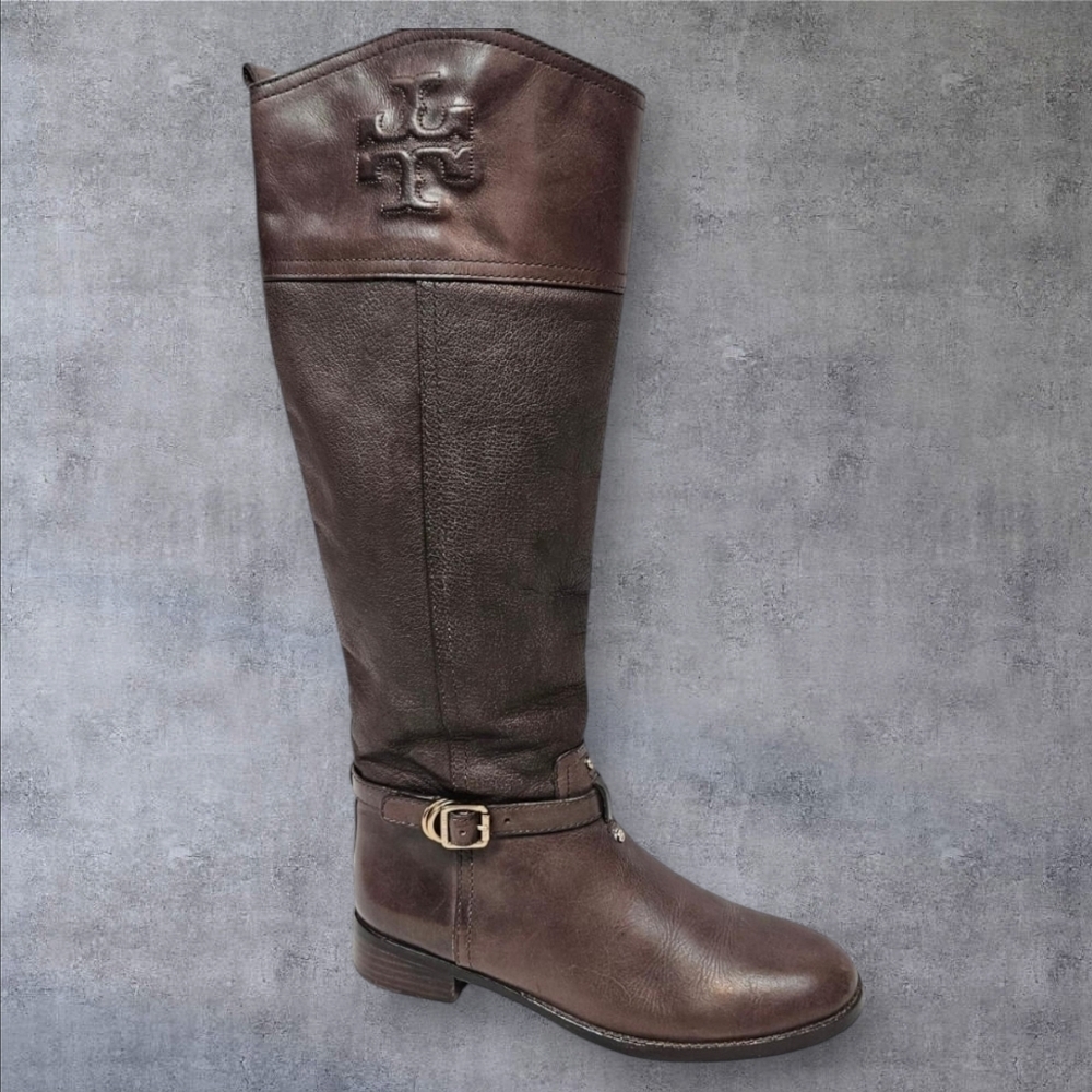 Tory Burch Simone Brown Leather Stitched Logo Tall Riding Boots Size 7.5 Women's